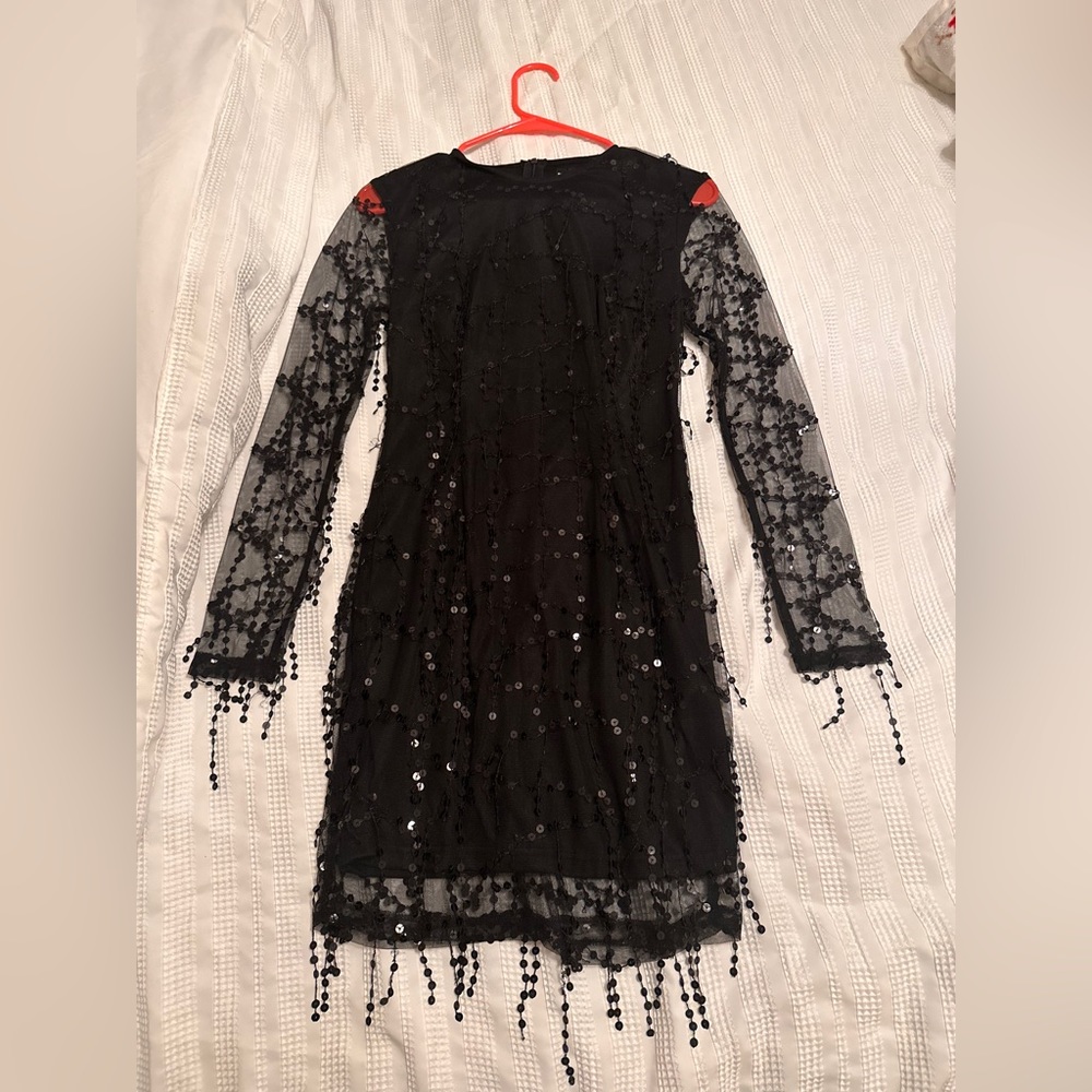Black Sequin Detail Long sleeve Mini Dress